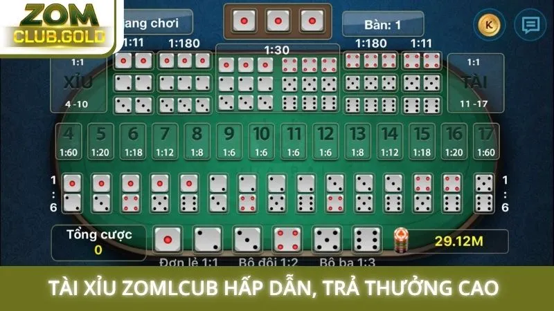 Tài xỉu Zomlcub hấp dẫn, trả thưởng cao 